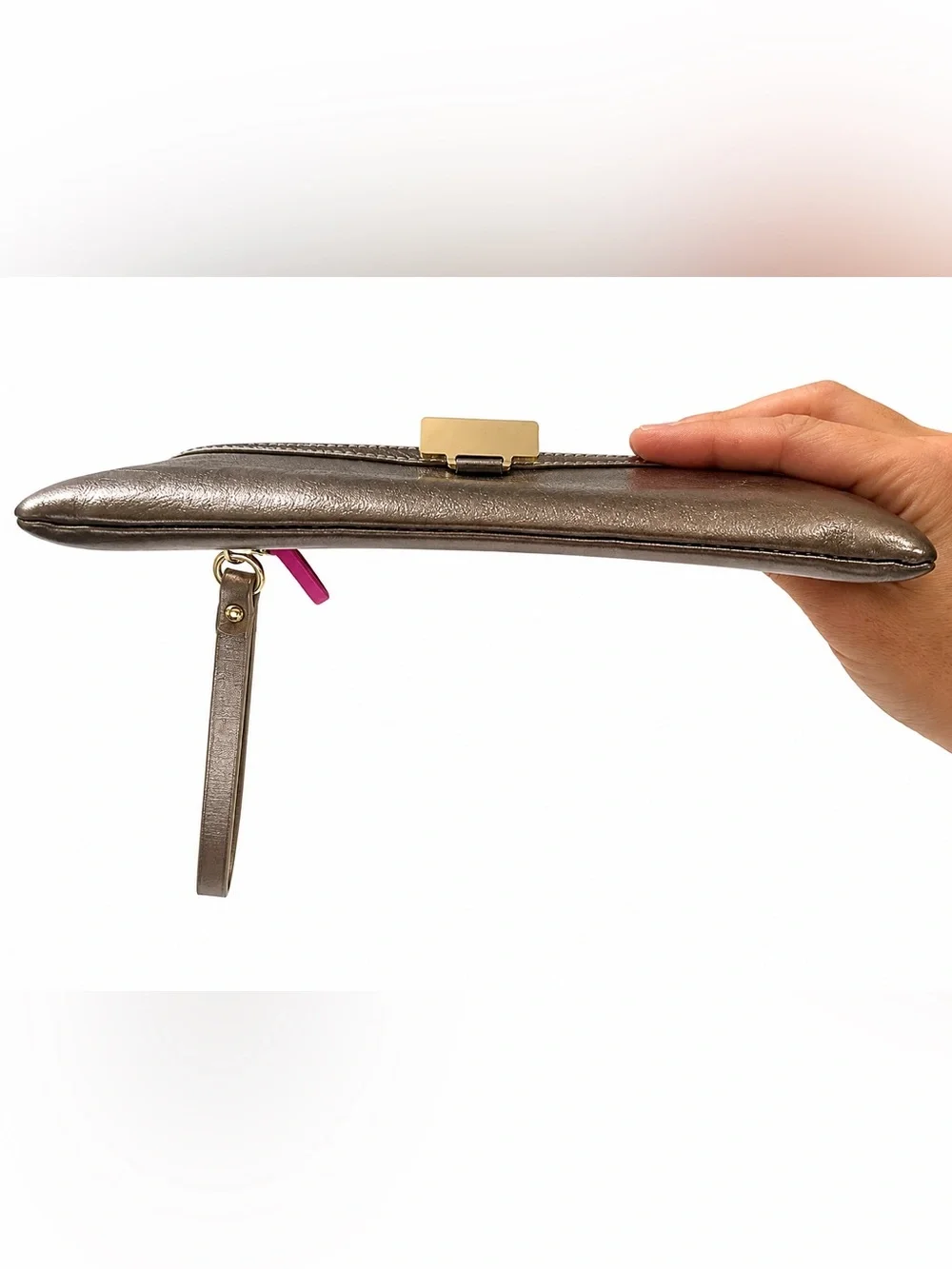 Kate Spade Gold Metallic Leather Wristlet Clutch Pink Polka Dot Interior w/ Box - Picture 7 of 8